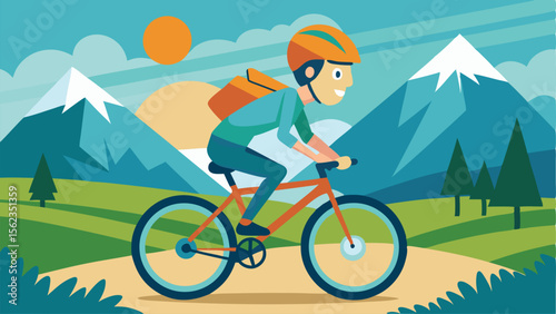 Illustrated Man Cycling with Backpack in Mountain Landscape on Sunny Day Illustration