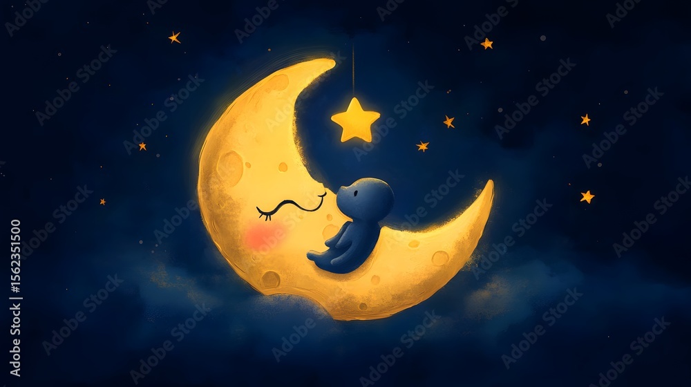 Naklejka premium Digital illustration of a crescent moon with a small, seated character and a hanging star in a dark night sky.