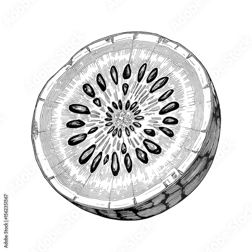 A meticulously illustrated close-up of a kiwifruit, sliced open to reveal its intricate structure and vibrant patterns. This monochromatic engraving captures the essence of the fruit.