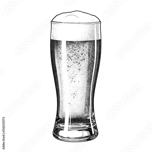 A meticulously detailed illustration of a perfectly poured beer, showcasing the effervescent bubbles rising within the clear glass, topped with a foamy head. vector illustration