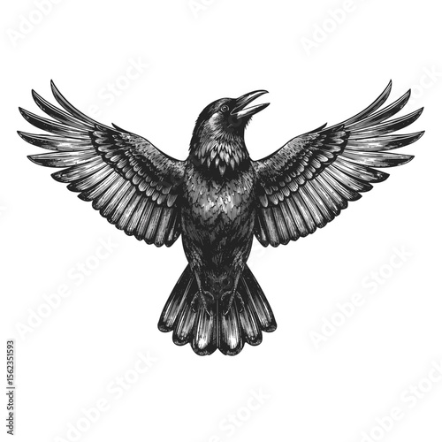 An illustrated raven with open wings, captured in exquisite detail, evoking a sense of mystery and symbolism. vector illustration