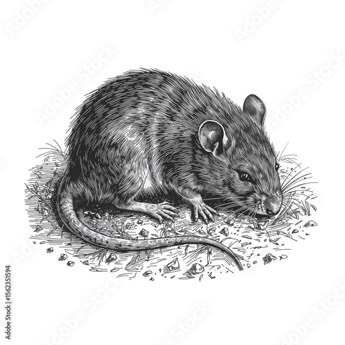 A detailed vintage etching of a rat captured with intricate linework, the focus being on the detailed depiction of the creature's fur and facial features. vector illustration