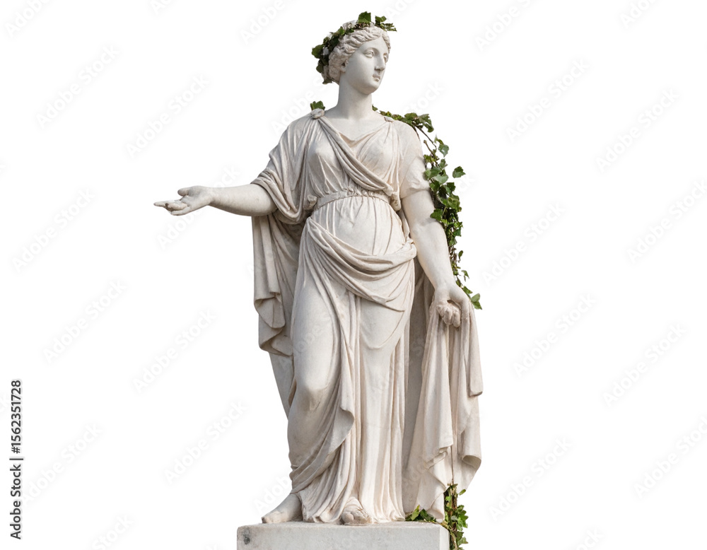 Obraz premium Ancient statue of a woman adorned with leaves, isolated on a transparent background.