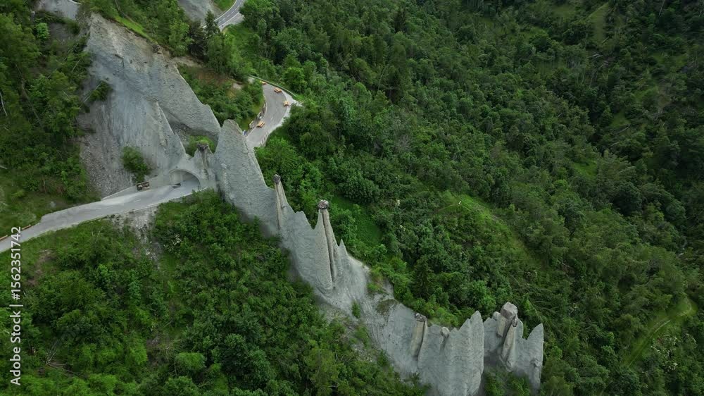 Aerial Top View Of Pyramides d'Euseigne In The Swiss Alps