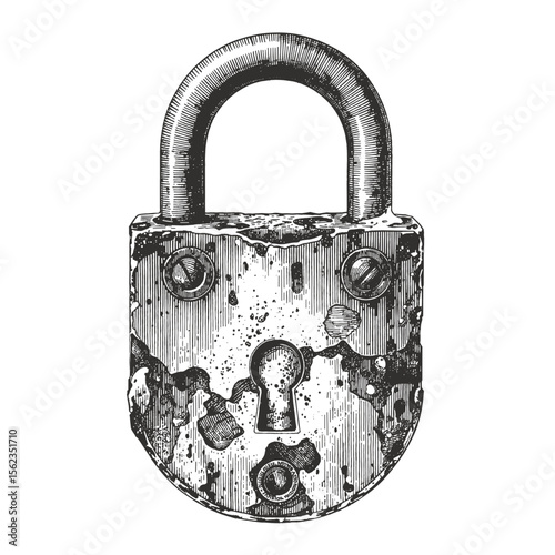 An aged and weathered padlock, its surface showing intricate details and signs of time, evokes a sense of security, history, and the passage of time, a tangible representation of the past.