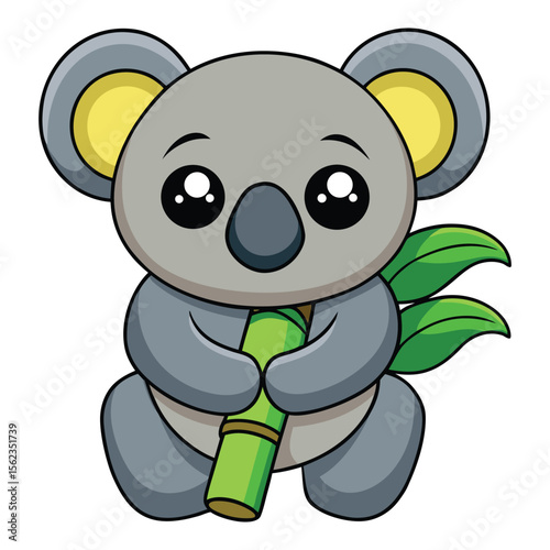 Cute cartoon koala holding a bamboo stalk isolated on transparent background