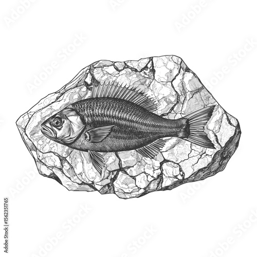 A Detailed black and white illustration of a fossilized fish encased within a rugged stone, representing prehistoric life and scientific discovery. vector illustration