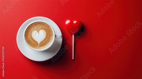 Valentine coffee with heart foam and candy