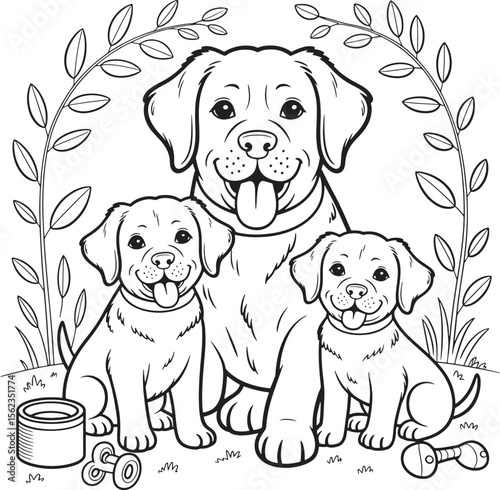 dog family in jungle line art illustration premium quality