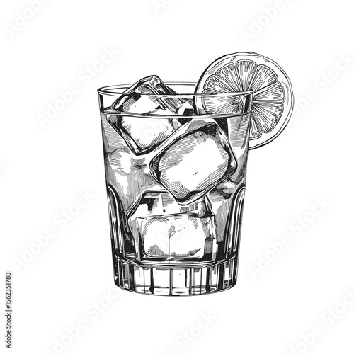A refreshing and elegant glass of water with ice cubes and a lemon slice, with an eye-catching hand-drawn design. vector illustration