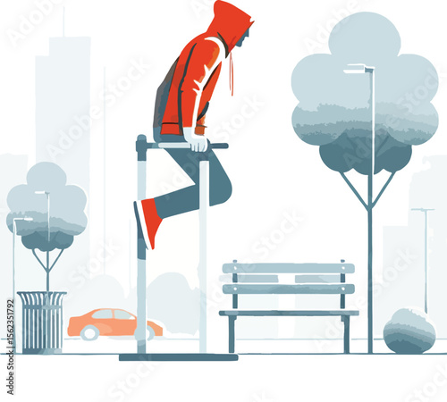 Person in red hoodie doing street workout exercises on parallel bars in a park setting