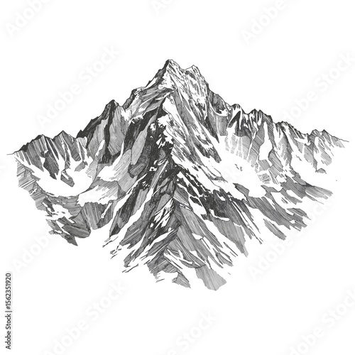 A majestic and striking black and white illustration of towering mountain, its peak adorned with snow, against a blank canvas. vector illustration