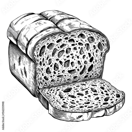 A detailed illustration of a loaf of freshly baked artisan bread with one slice cut out, showcasing the textures and shapes of the bread. vector illustration