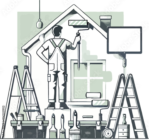 House painter painting the exterior home with tools for professional home improvement