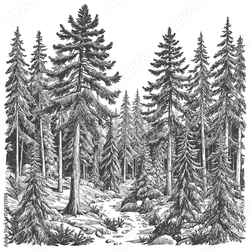 Ink drawing of a dense forest, evoking a sense of mystery and timelessness. vector illustration