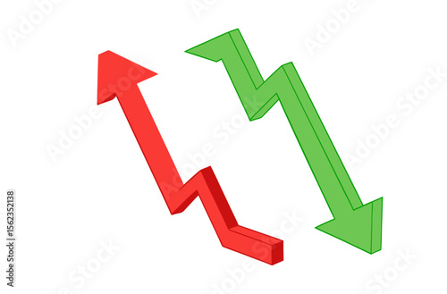 3D Red and Green Zigzag Arrows on White Background – Symbolic Vector Illustration of Decline and Growth Trends