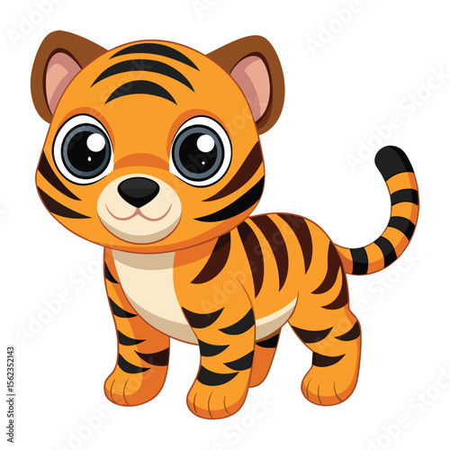 Cute cartoon tiger cub with big eyes isolated on transparent background
