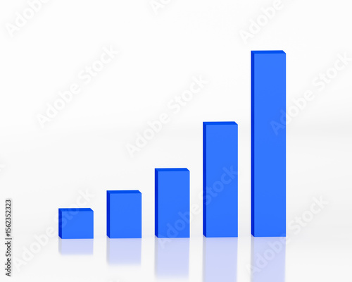 3D Bar Graph Blue Rising Exponentially Straight On with Glass Reflection White Background, Presentation Business Graphic