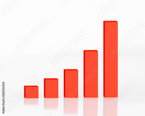 3D Bar Graph Red Rising Exponentially Straight On with Glass Reflection White Background, Presentation Business Graphic