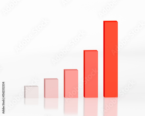 3D Bar Graph Red Gradient Rising Exponentially Straight On with Glass Reflection White Background, Presentation Business Graphic