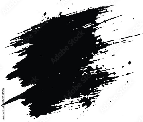 Black brush strokes and ink drops on white canvas