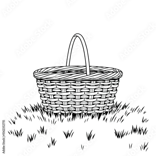 A woven picnic basket on a lawn