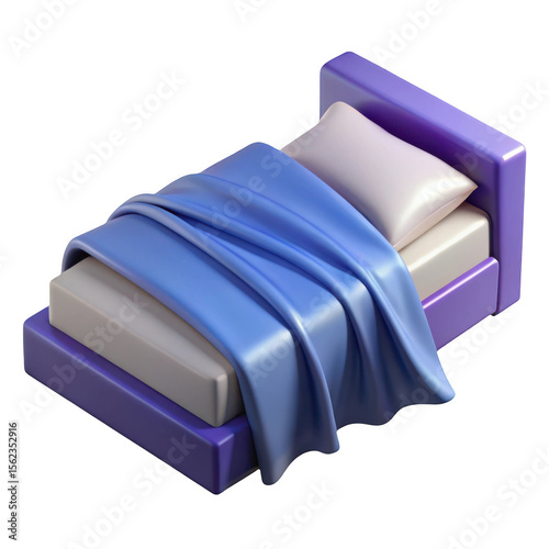 Cozy modern bed with purple frame and blue blanket isolated on transparent background