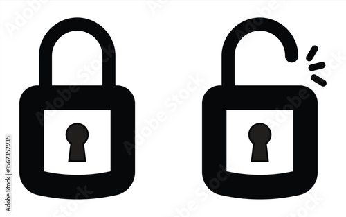 black isolated icon with locked and unlocked padlock on white background. Locked and unlocked padlock silhouette collection. Flat design.