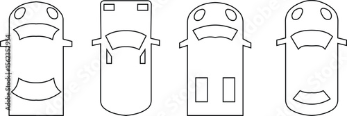 Cars icon set from above, top view isolated. Modern urban civilian vehicle. View from bird's eye. Realistic design. Flat style vector. traffic, automobile transportation. Transport service concept.