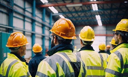 Security and safety concept, Engineers and supervisor reading instructions in a large factory.