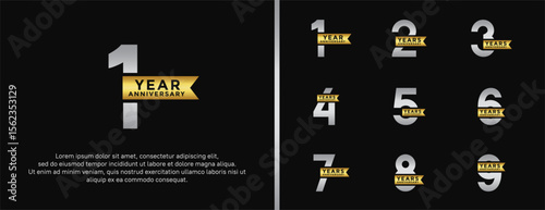 set of anniversary logo flat gold and silver color on black background for celebration moment