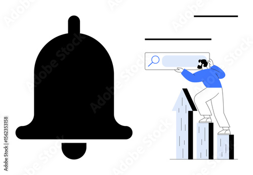 Large notification bell, person on ladder analyzing growth chart, search bar interaction. Ideal for productivity, analytics, data integration, alerts, strategy, growth potential evaluation simple