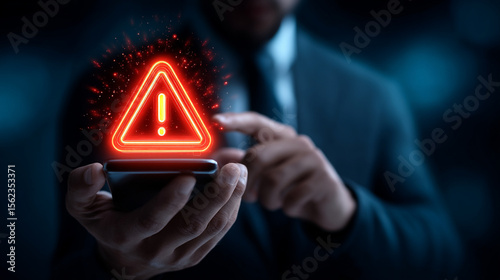 System warning hacked alert, cyber attack on computer network. Businessman using mobile phone with warning sign notification error, Malicious software, virus and cybercrime, Cybersecurity