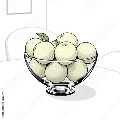 A glass bowl of green apples on a dining table