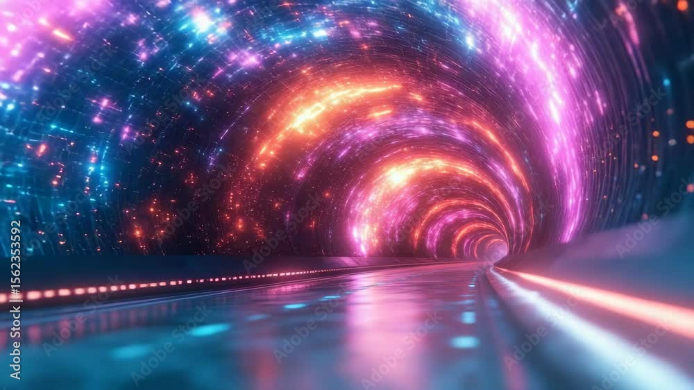Colorful glowing tunnel with neon lights, digital art style, on a dark reflective background, concept of future transportation or sci-fi travel