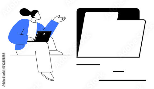 Woman sitting with laptop, gesturing toward large folder symbol. Ideal for teamwork, data management, digital organization, cloud storage, remote work, office tasks, simple landing page