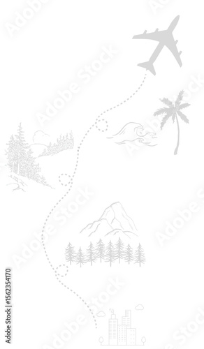 vertical jpg and vecor design with plane starting from city and flying over few destinies: wild forest, montain, exotic palm place; dashed line as a aircraft trail; white (transparent) background