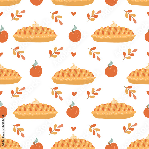 Seamless pattern with hand drawn apple pies, red apples, hearts, and autumn branches. Perfect for cozy fall textile, fabric prints, and seasonal backgrounds