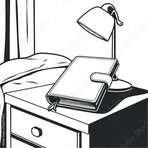 A leather-bound diary on a nightstand