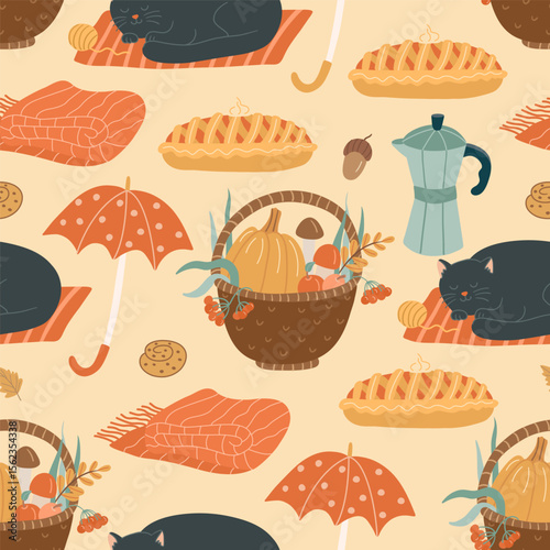Seamless pattern with black sleeping cats, cozy autumn pies, pumpkins, and coffee pots. Perfect for fall themed textile, kitchen fabric, and seasonal wallpapers.