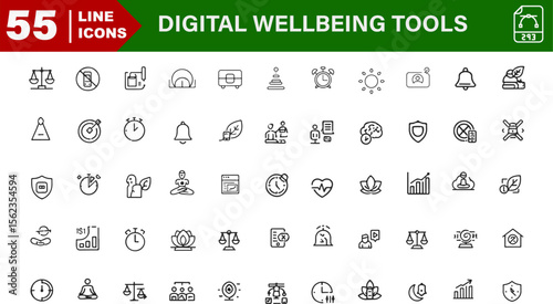 Digital Wellbeing Tools Flat Vector Icons Set – Screen Report, App Usage, Bedtime Reminder, No Distraction, Tech Pause

