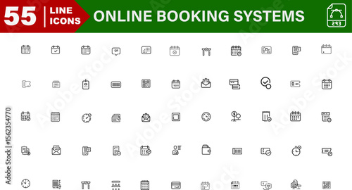 Online Booking Systems Vector Icons Set – Calendar Booking, Slot Confirmation, Time Picker, Payment Check, QR Ticket

