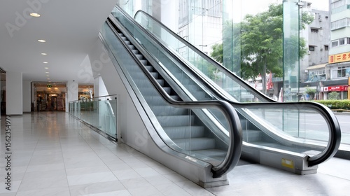 Inside view of an empty, light-filled building lobby with an escalator