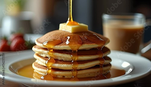 Morning Meal with Pancakes and Hot Beverage 