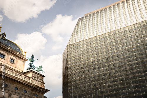 Contrast of classical and modern architecture at the National Theatre in Prague, Czech Republic– Editorial use only