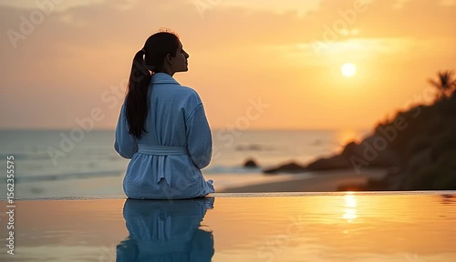 Serene Woman Reflecting by an Infinity Pool at Dawn 