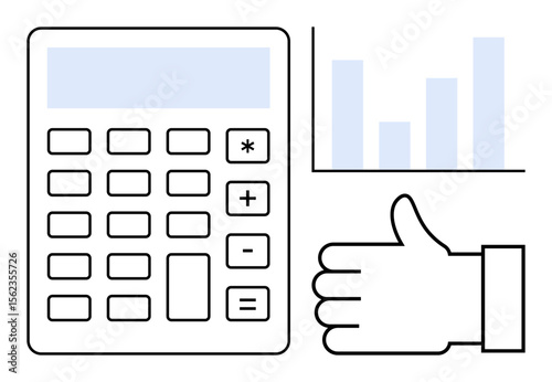 Calculator, thumbs-up hand gesture, and bar chart symbolizing calculations, approval, and data analysis. Ideal for finance, business, success, analytics strategy productivity simple landing page