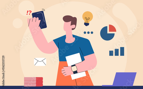 flat cartoon people, a man with paperwork data analyst illustrate the concept of business work