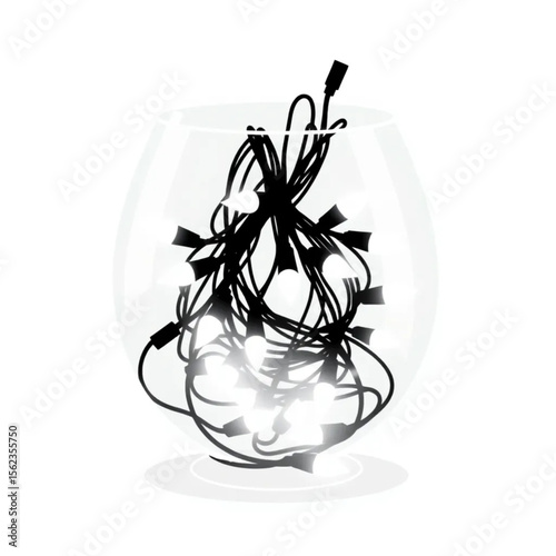 A string of fairy lights coiled in a glass bowl