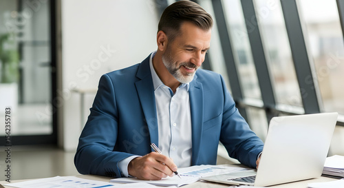 Man Analyzing Charts While Using Laptop at Desk in Office